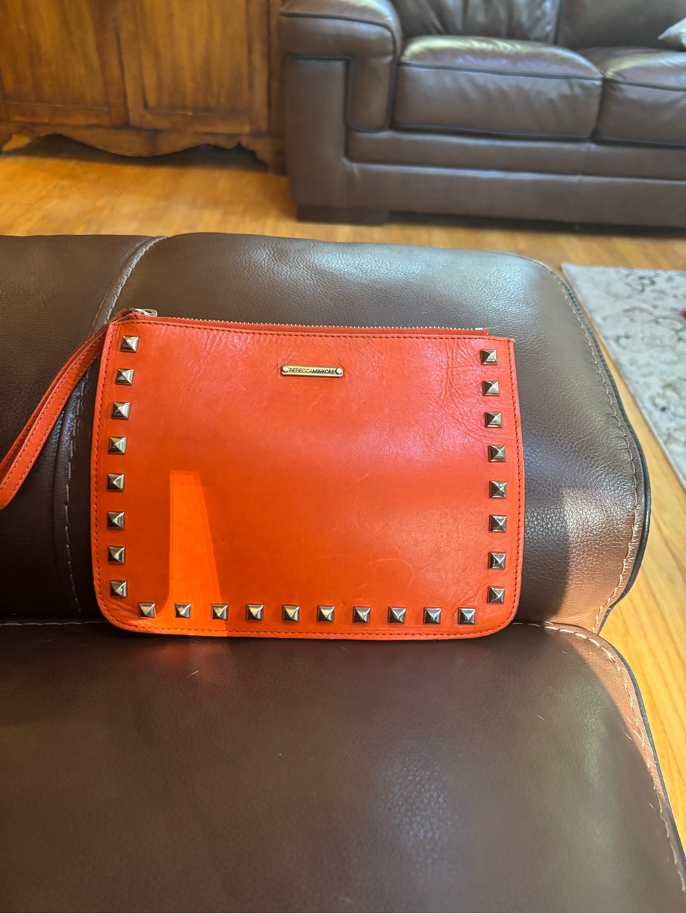 Rebecca Minkoff Orange & Gray Studded Kerry Pouch Wristlet Clutch Leather